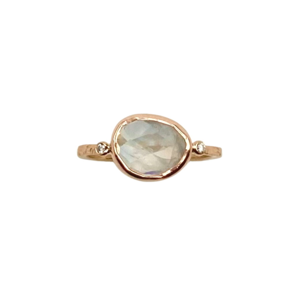 Emily Amey gold and silver ring with moonstone and diamond, front view
