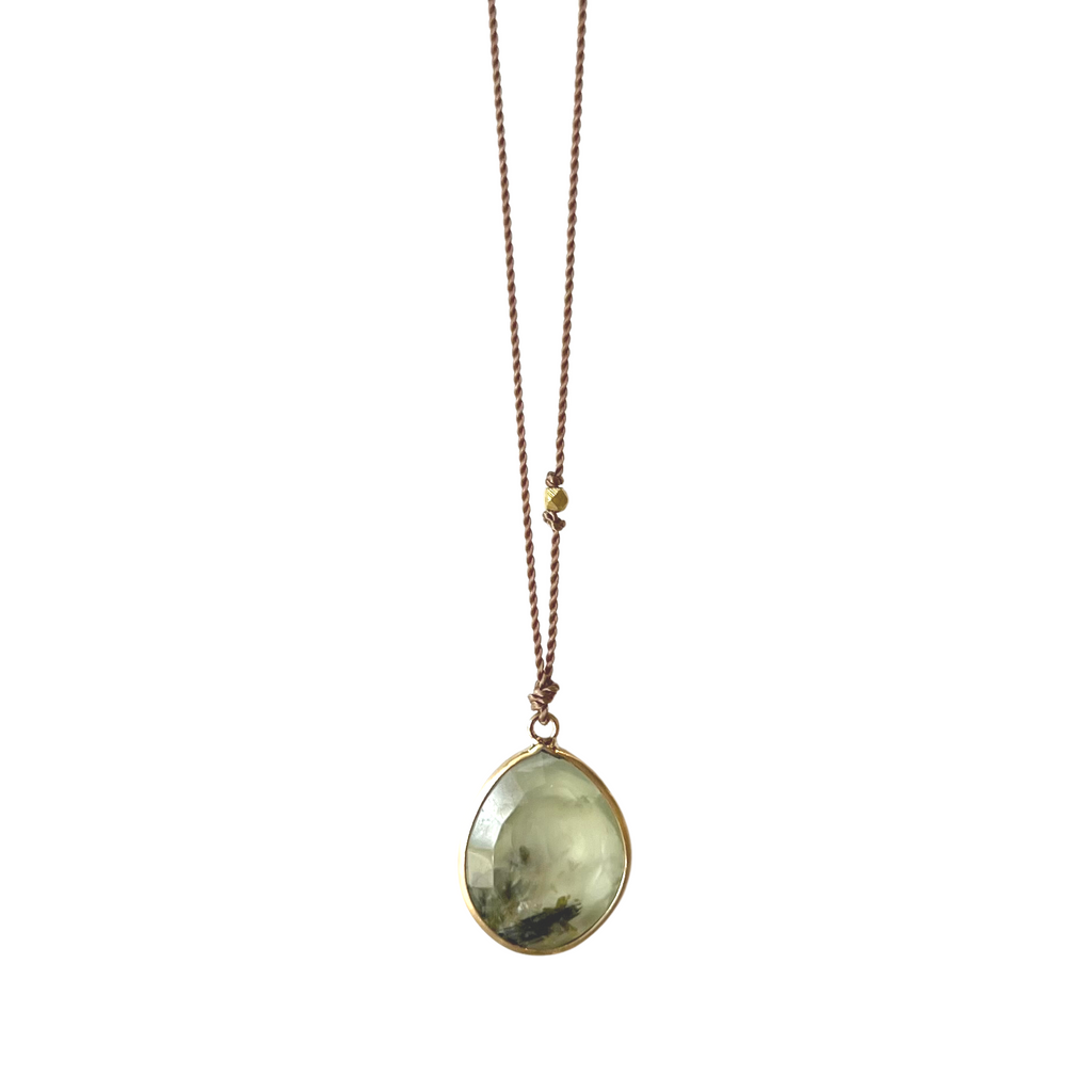 Margaret Solow nylon cord necklace with prehnite, front view
