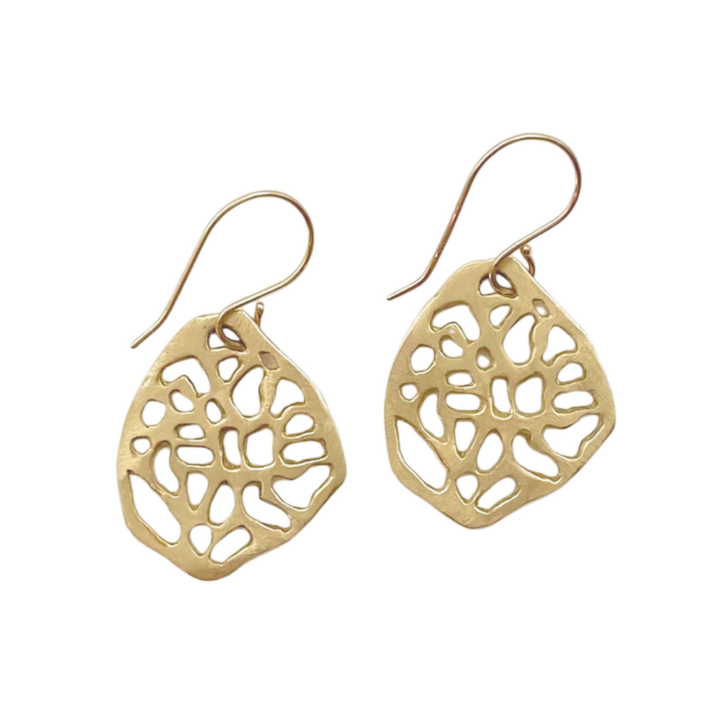 Jamie Joseph gold cut out drop earrings, front view