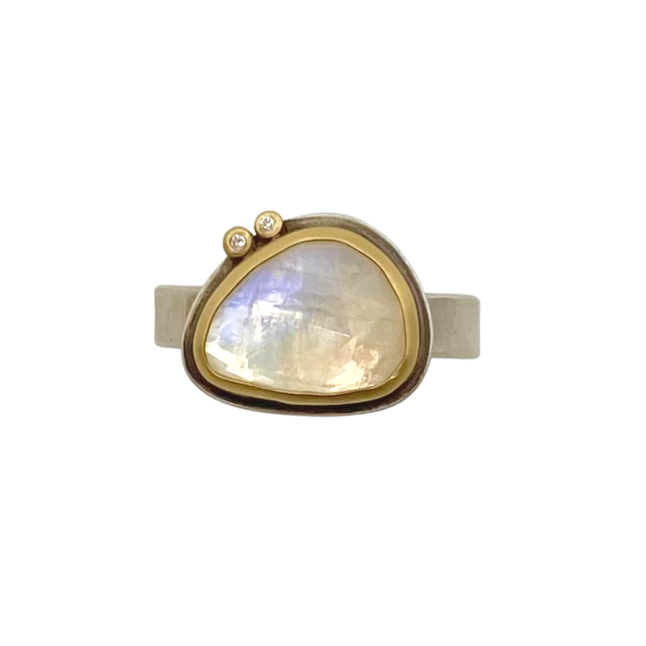 Ananda Khalsa silver ring with moonstone, gold, and diamonds, front view