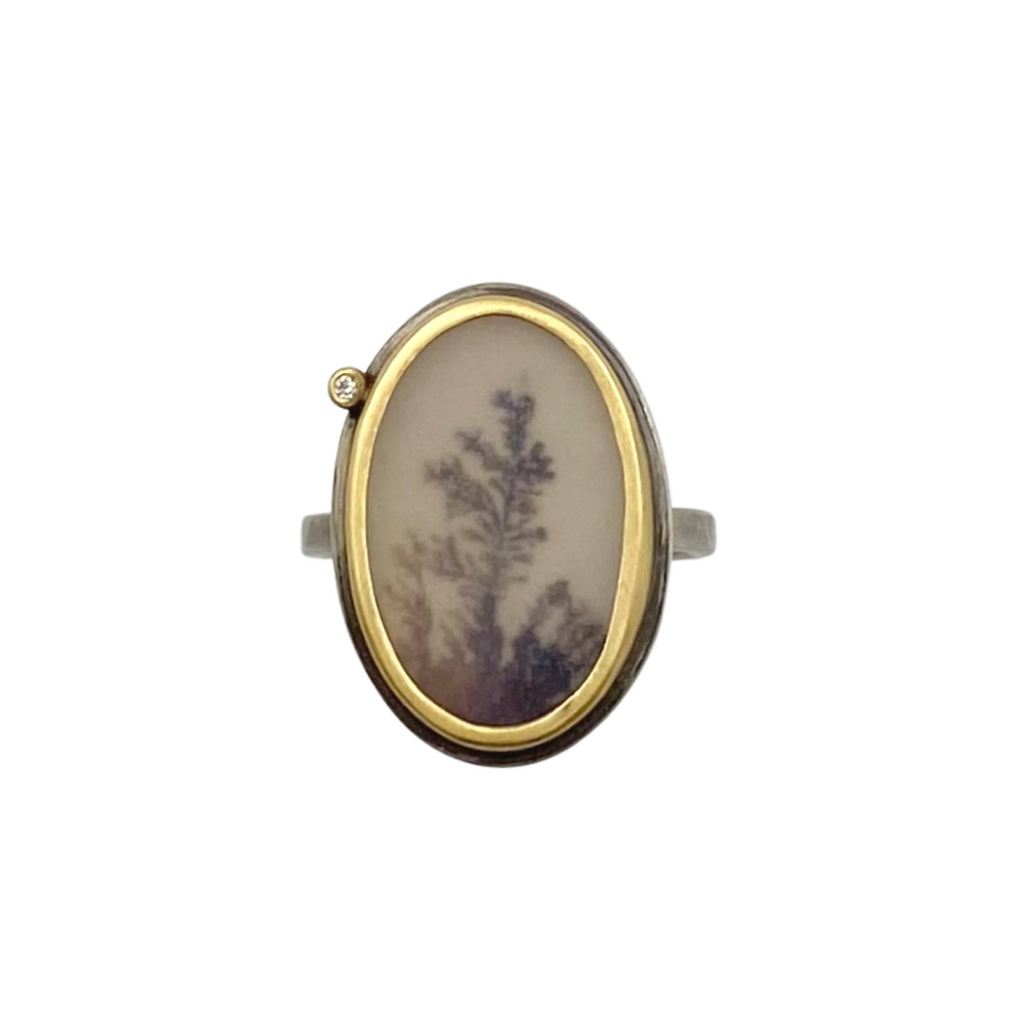 Ananda Khalsa silver ring with dendritic agate, gold and diamond, front view