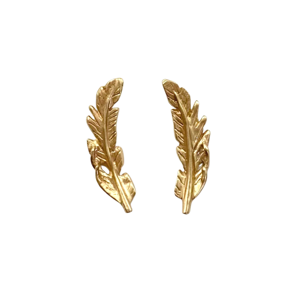 Jamie Joseph gold feather stud earrings, front view