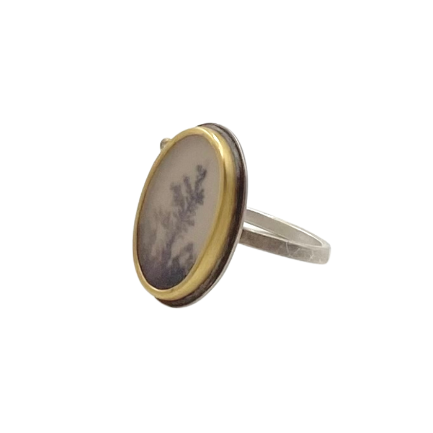 Ananda Khalsa silver ring with dendritic agate, gold and diamond, angled front view