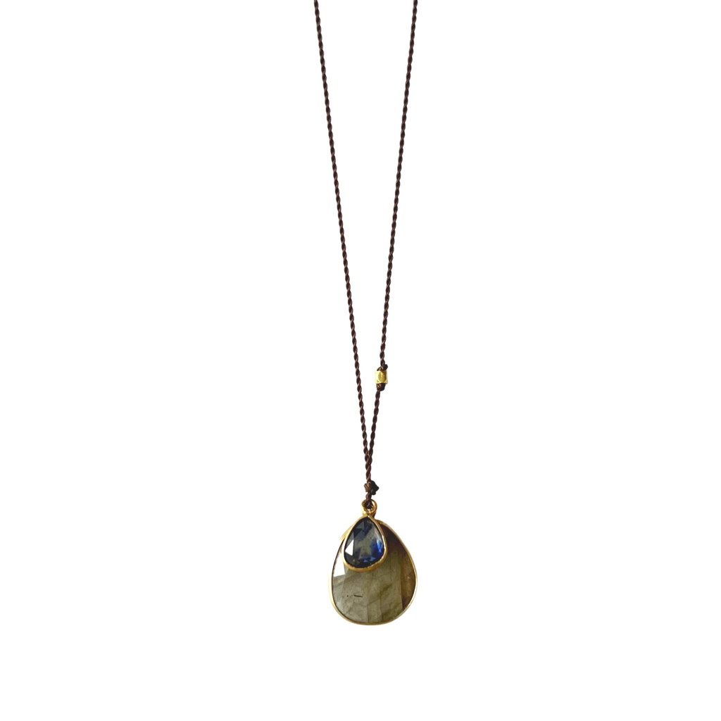 Margaret Solow nylon cord necklace with labradorite and sapphire, front view