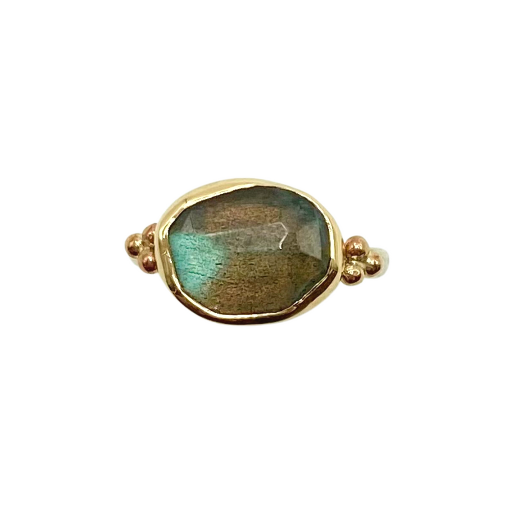Emily Amey gold and silver ring with labradorite, front view