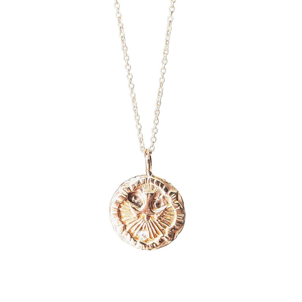 Communion by Joy gold necklace with dove engraving and diamond, front view
