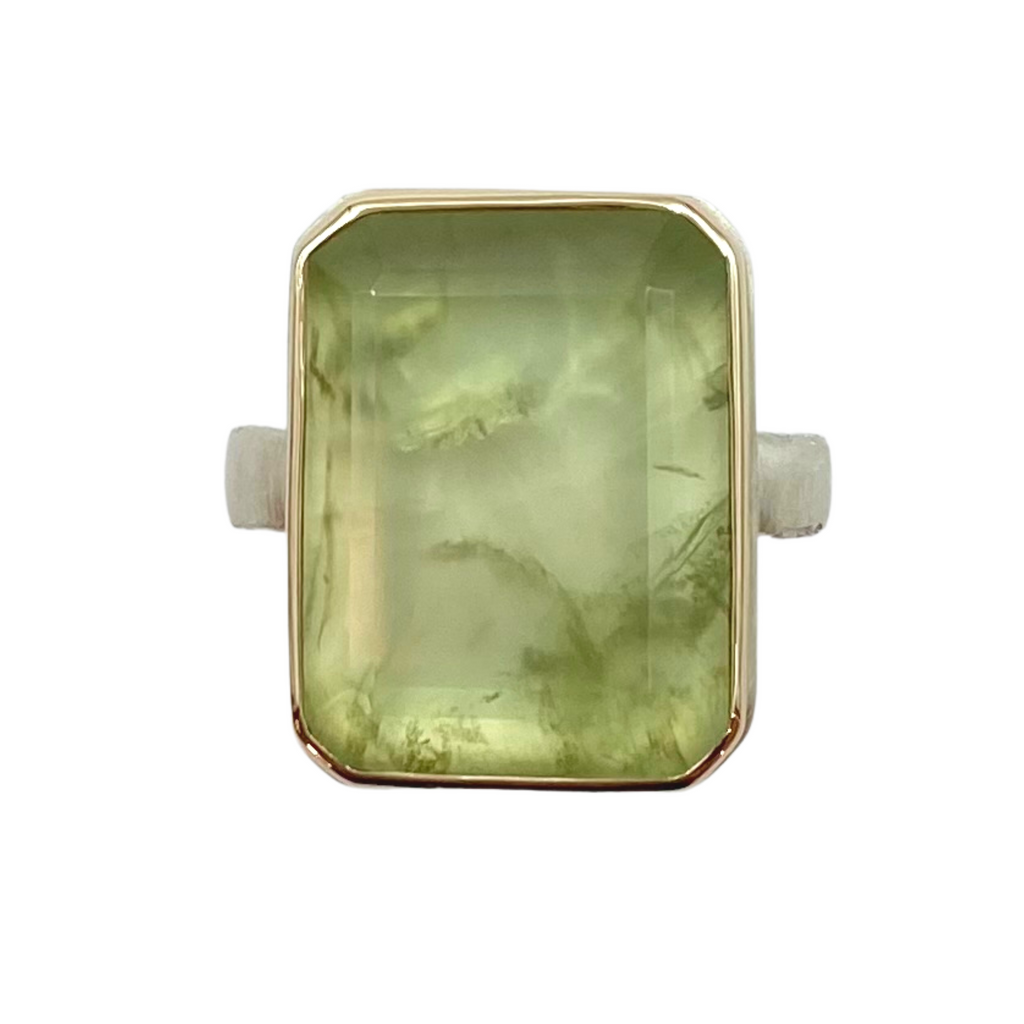 Jamie Joseph green prehnite ring with gold and silver, front view