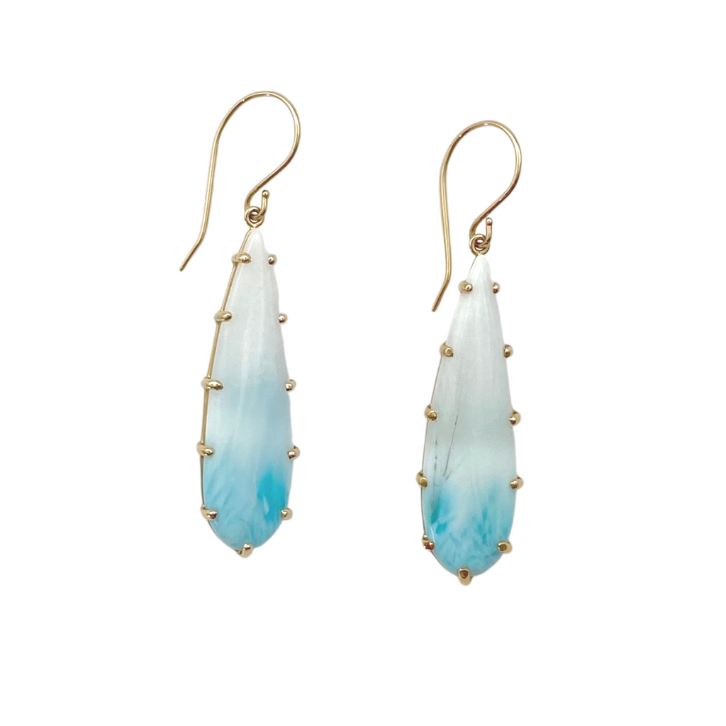 Jamie Joseph blue larimar drop earrings with gold, front view