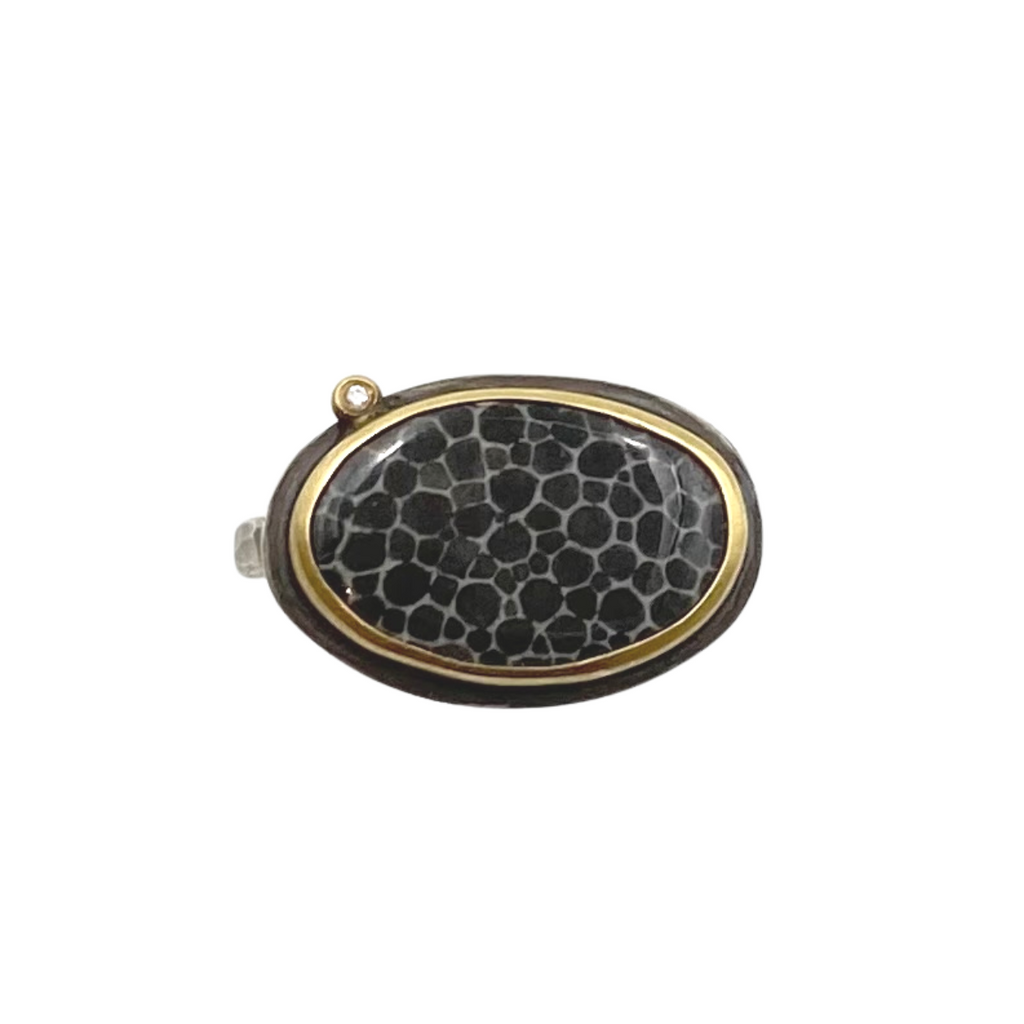 Ananda Khalsa silver ring with black coral, gold, and diamond, front view