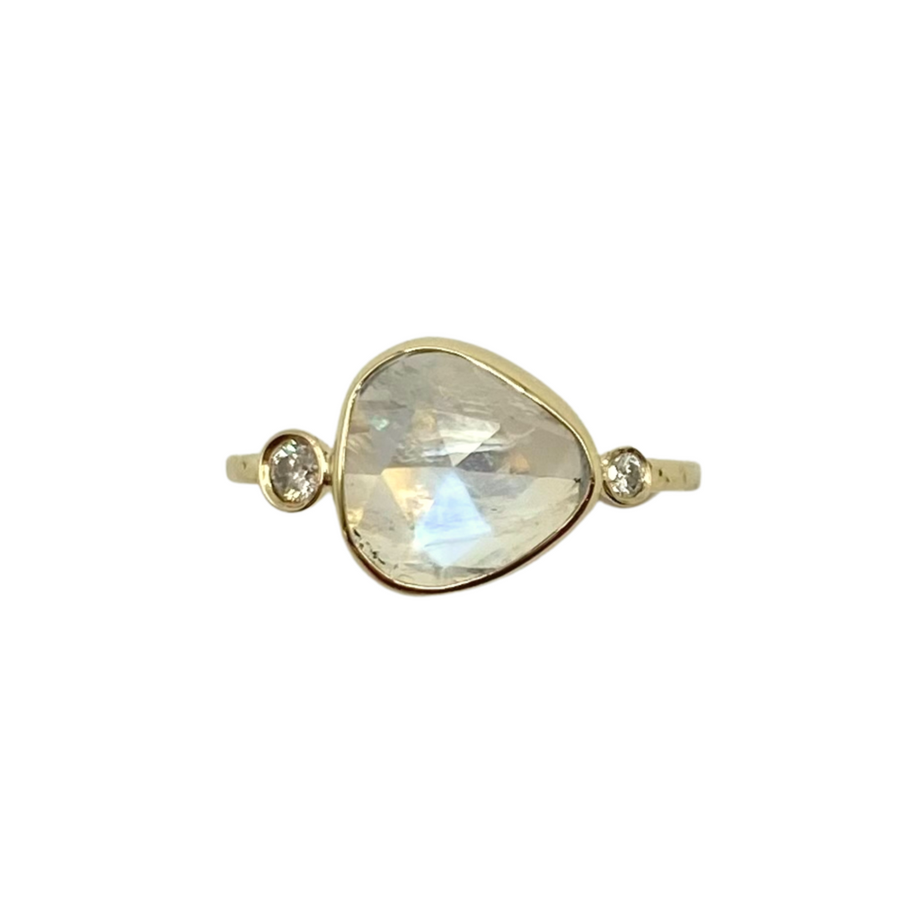 Emily Amey gold and silver ring with moonstone and diamond, front view