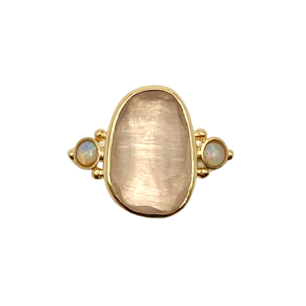 Emily Amey gold and silver ring with rose quartz and opal, front view