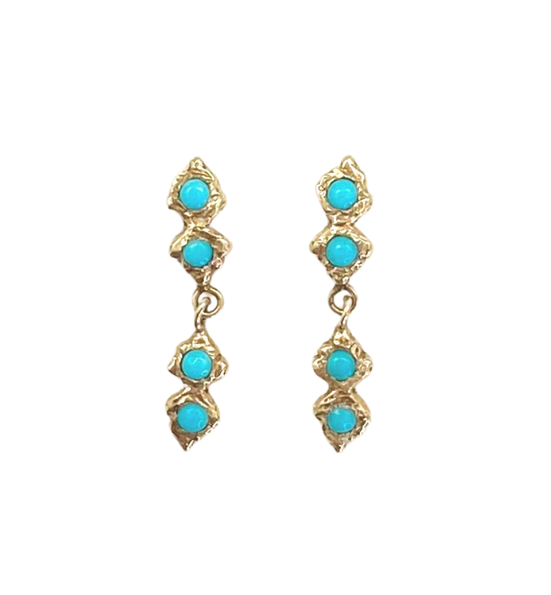 Communion by Joy gold stud earrings with turquoise, front view