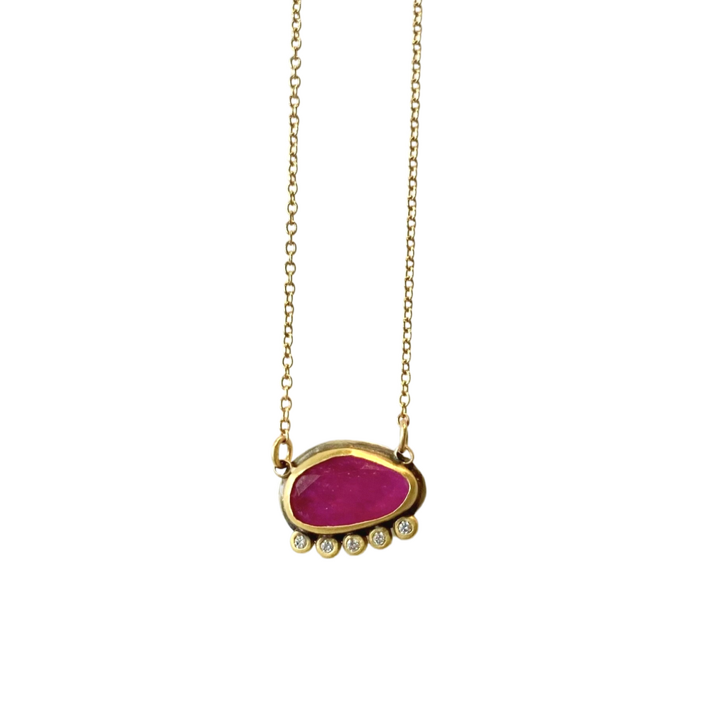 Ananda Khalsa gold necklace with ruby and diamonds, front view