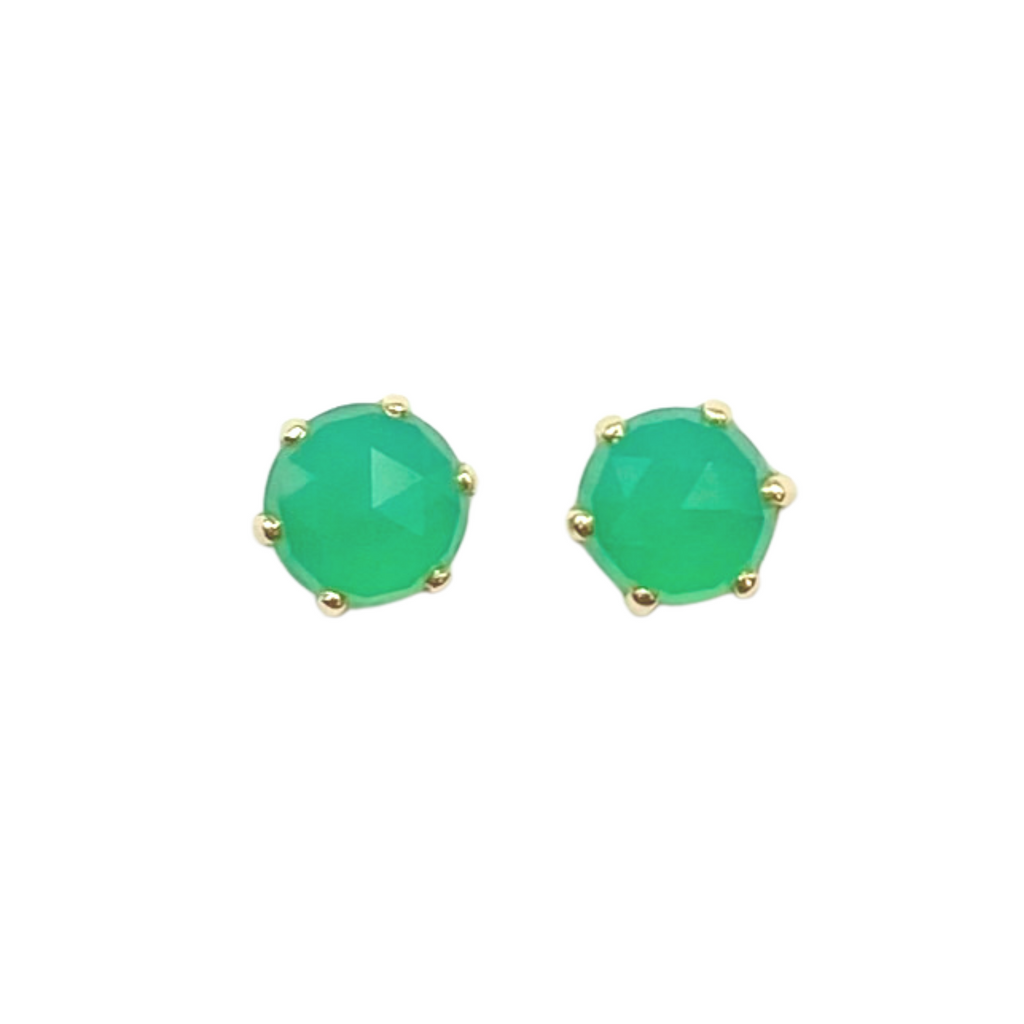 Jamie Joseph green chrysoprase stud earrings with gold, front view