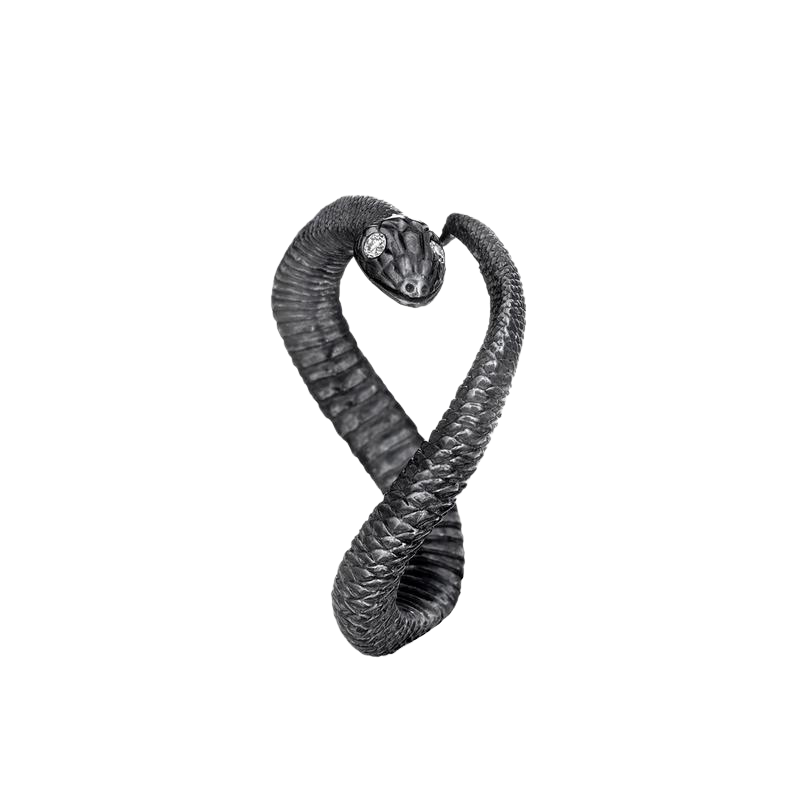 Anthony Lent black oxidized silver snake ring with diamond eyes, front view