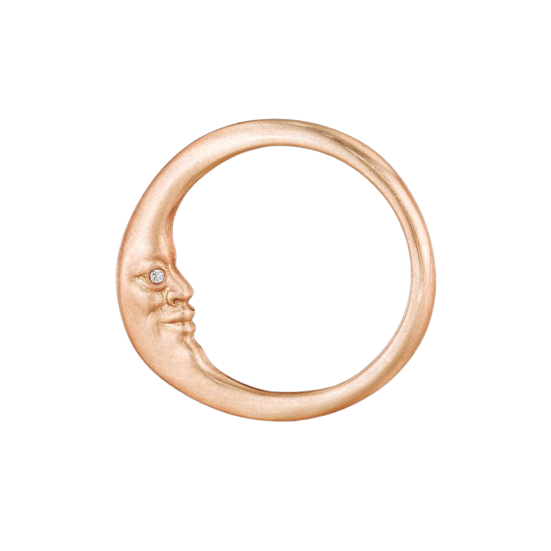 Anthony Lent rose gold crescent moon face ring with diamond eyes, top view