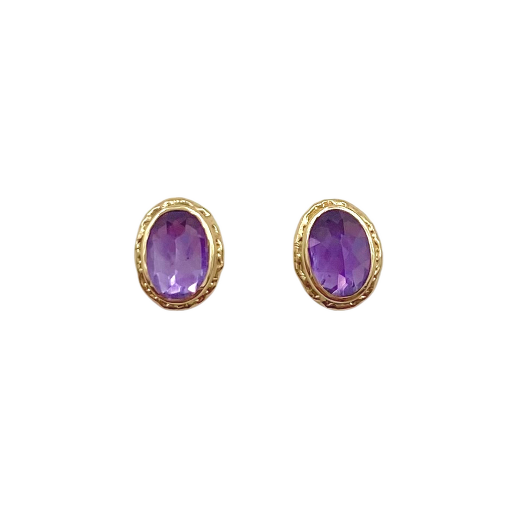 Jamie Joseph gold oval stud earrings with amethyst, front view