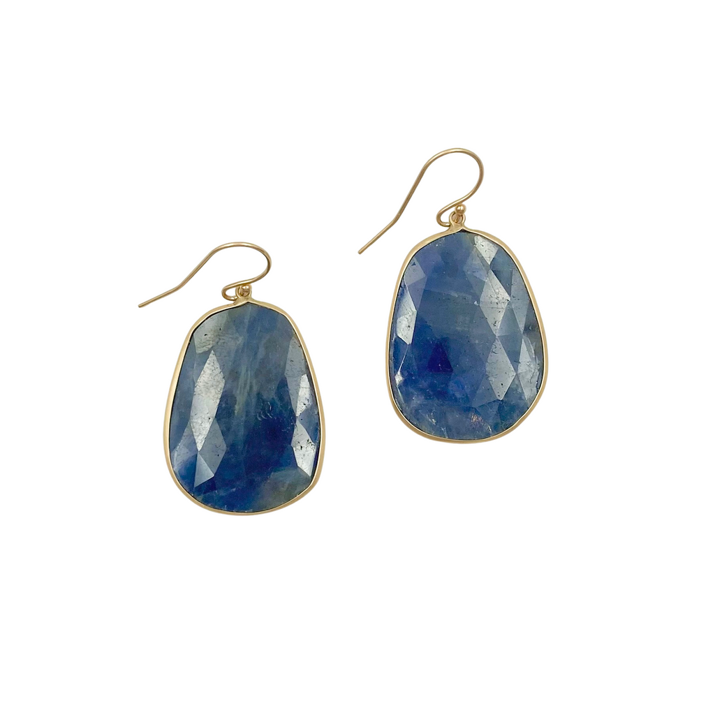 Margaret Solow gold earrings with dark blue sapphire, front view