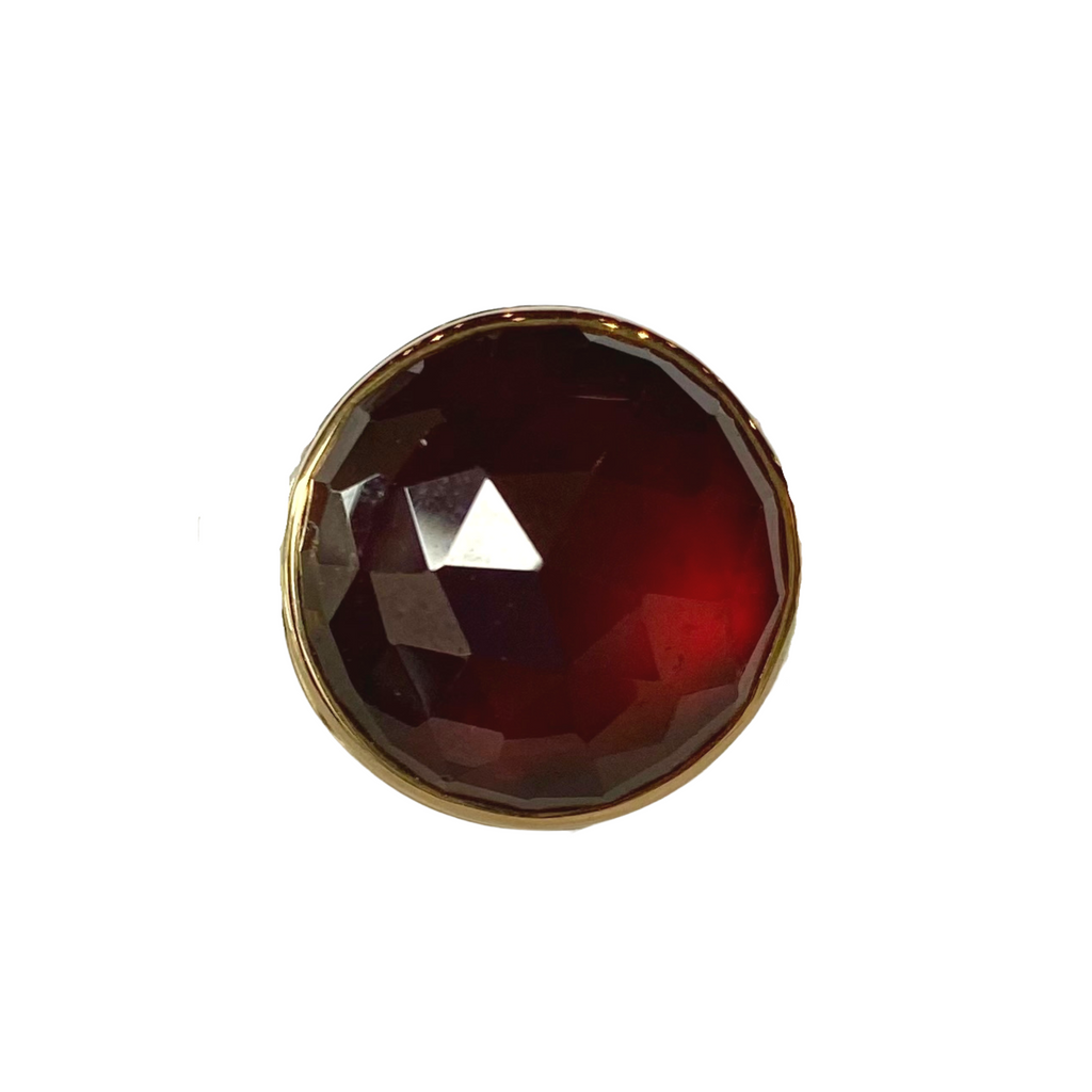 Jamie Joseph round red garnet ring with gold and silver, front view