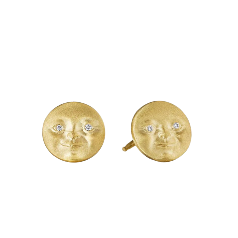 Anthony Lent gold moon face stud earrings with diamond eyes, front view