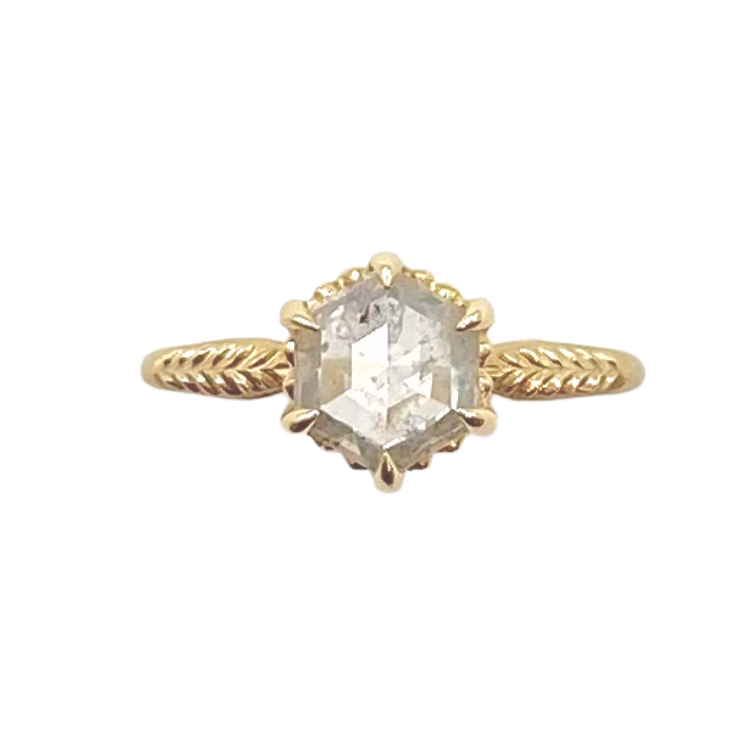 Megan Thorne gold ring with hexagon diamond, front view