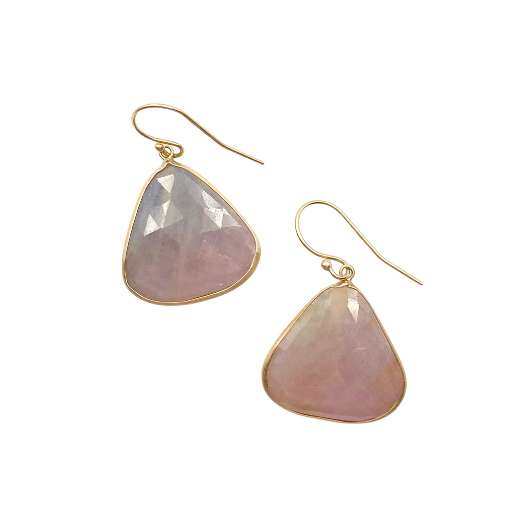 Margaret Solow gold drop earrings with triangle purple sapphires, front view