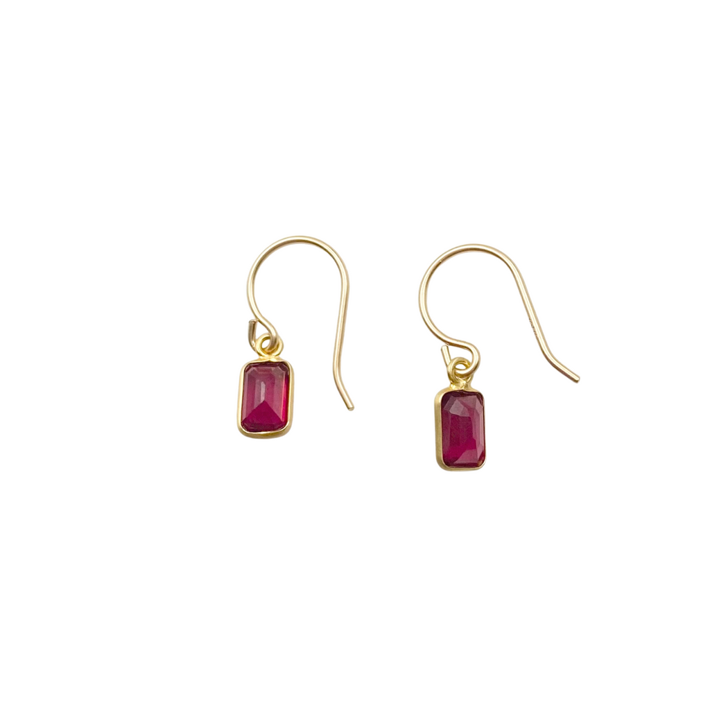 Margaret Solow gold drop earrings with ruby, front view