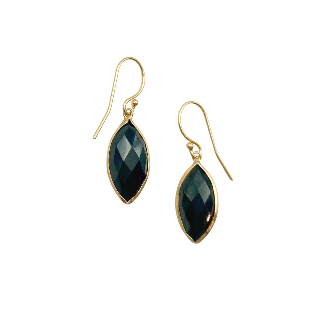 Margaret Solow gold earrings with black spinel, front view