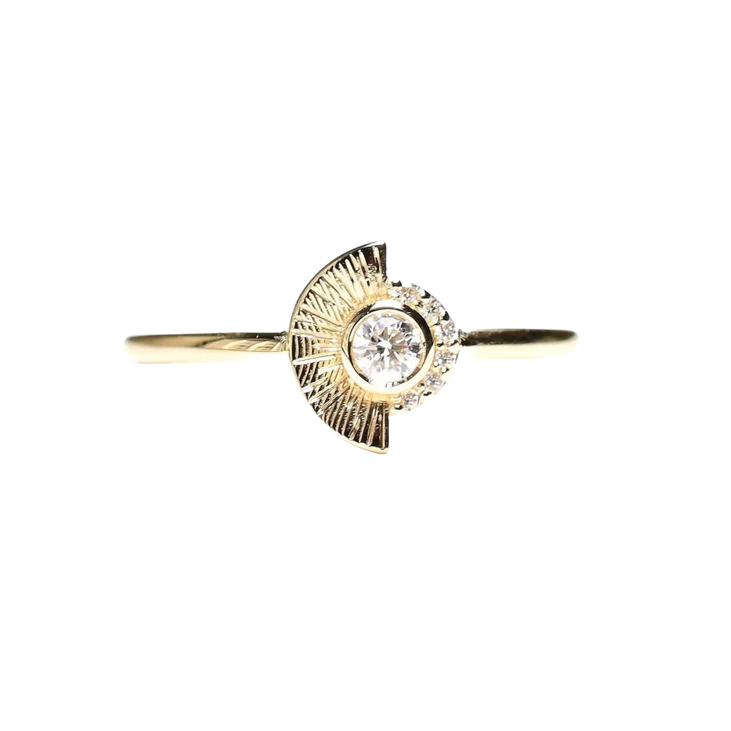 Miarante gold fan shaped ring with diamonds, front view