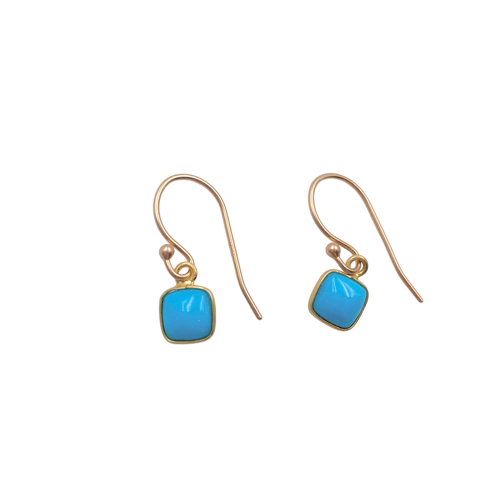 Margaret Solow gold drop earrings with turquoise, front view