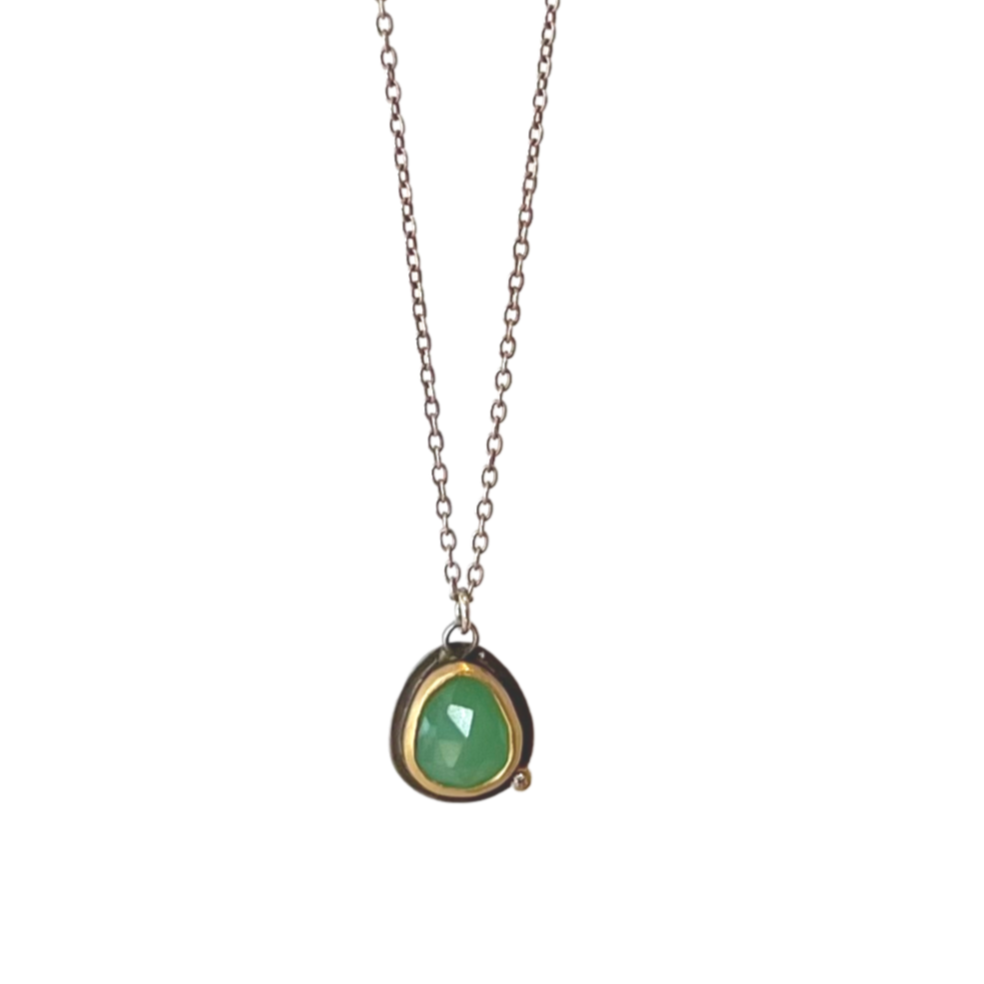 Ananda Khalsa silver necklace with chrysoprase and gold, front view