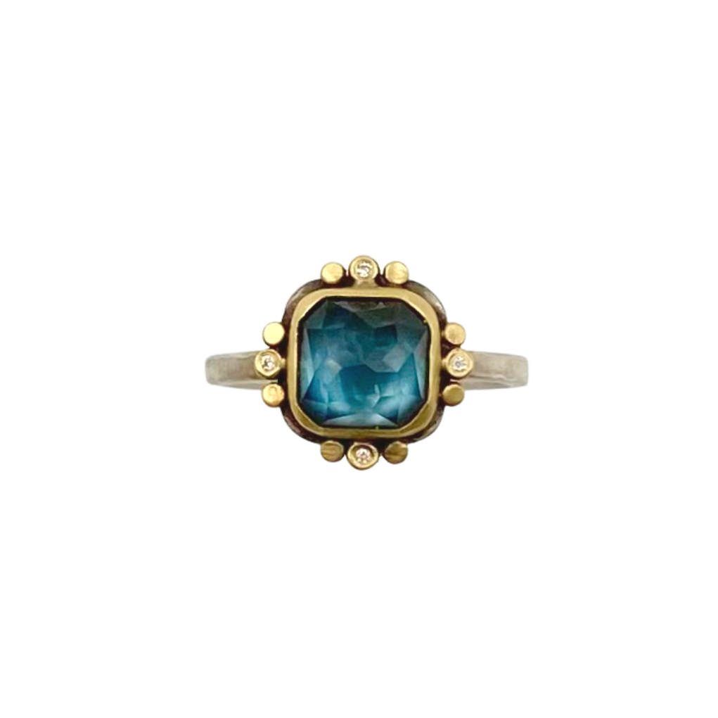 Ananda Khalsa silver ring with blue topaz, gold and diamond, front view