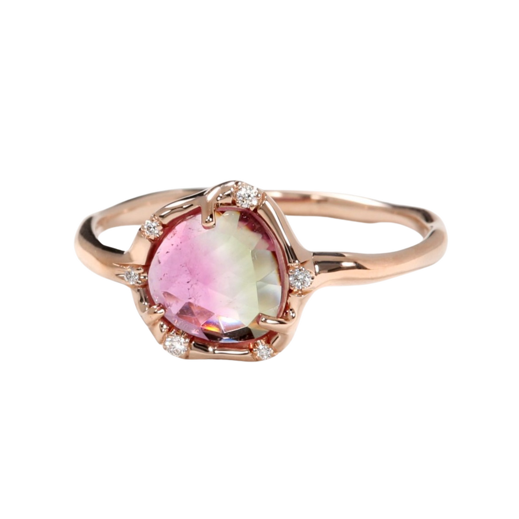Sirciam rose gold ring with watermelon tourmaline and diamonds, front view