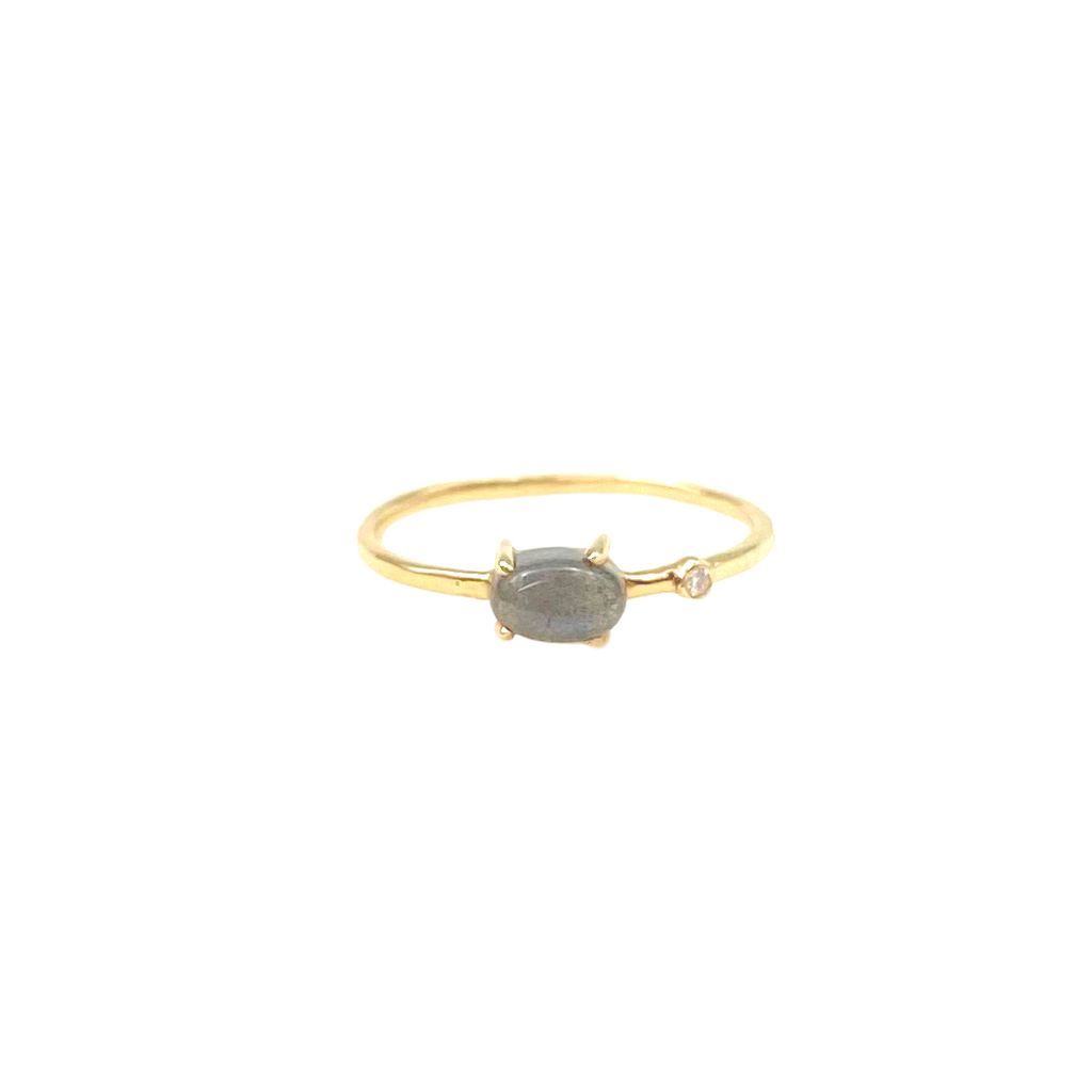 small oval labradorite ring with inset diamond front view