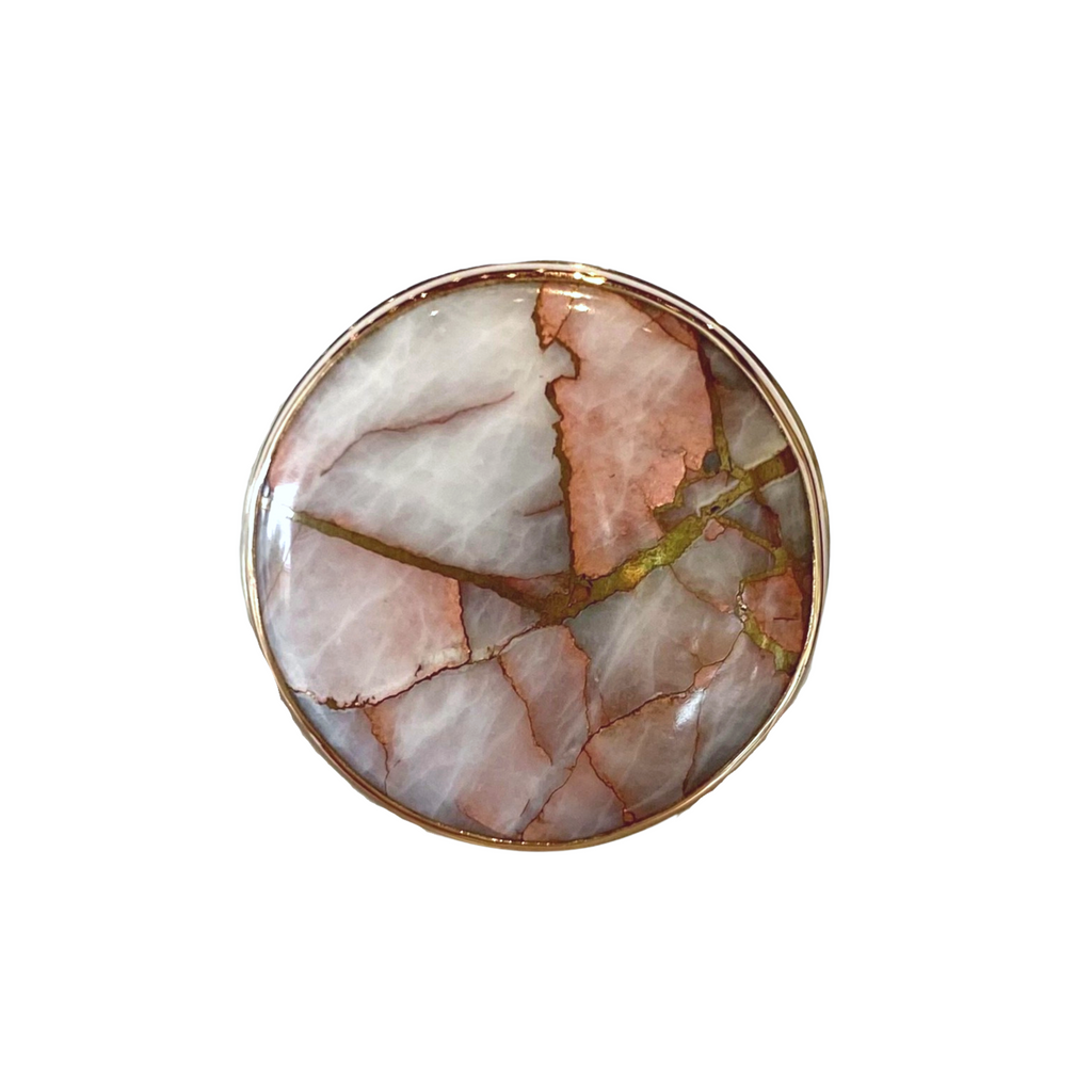 Jamie Joseph copper in quartz round ring with gold and silver, front view