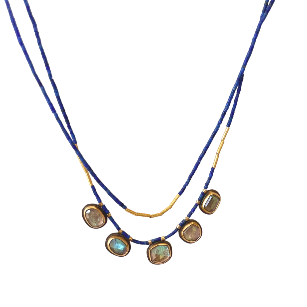 Ananda Khalsa beaded necklace with 5 labradorite drops, with gold and lapis, front view