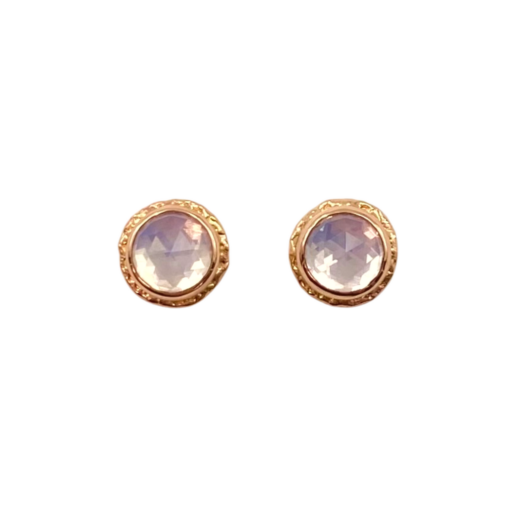 Jamie Joseph amethyst round stud earrings with gold, front view