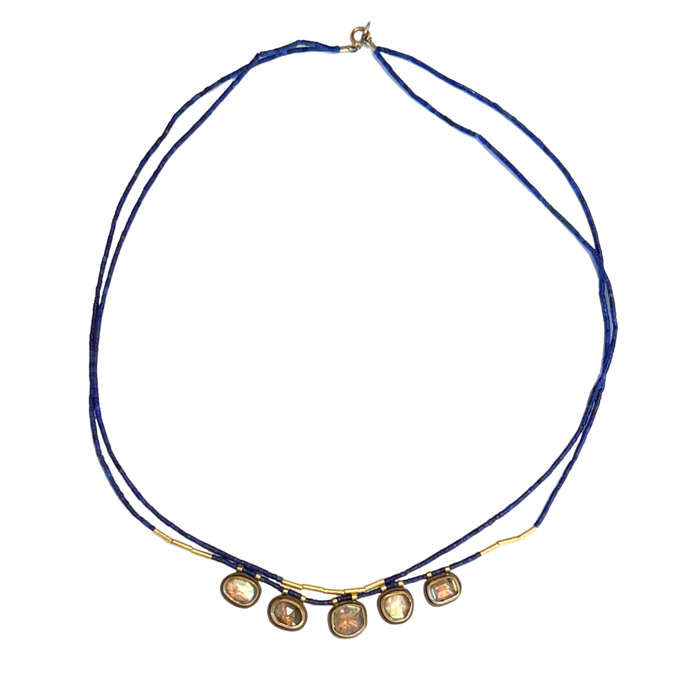 Ananda Khalsa beaded necklace with 5 labradorite drops, with gold and lapis, front view