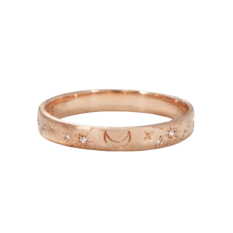 Sirciam rose gold band with engravings and diamonds, front view