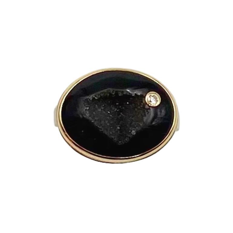 Jamie Joseph black druzy ring with gold, silver, and diamond, front view