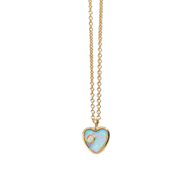 Pamela Love gold heart necklace with opal and diamond, front view