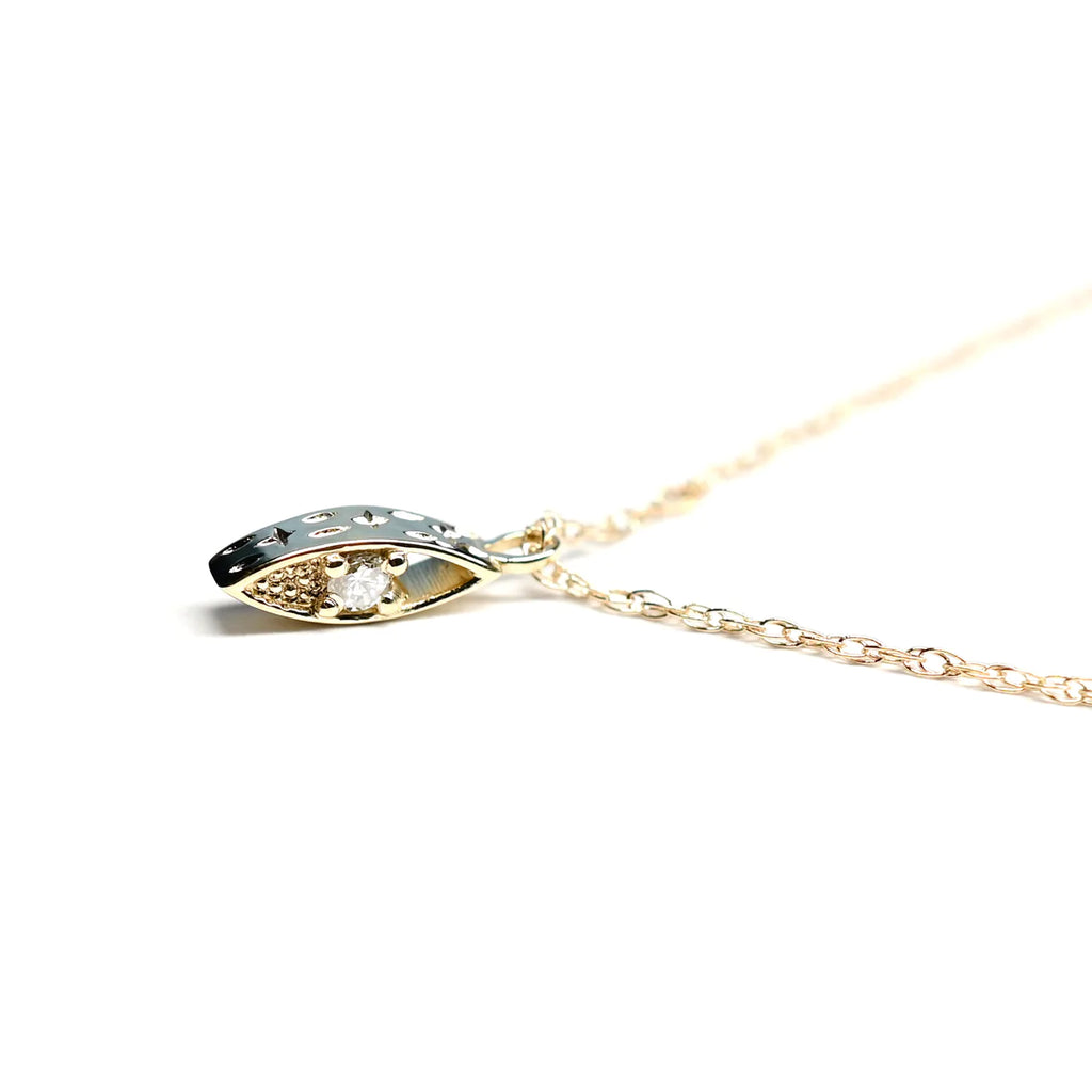 Miarante gold necklace with marquis pendant and diamond, side view