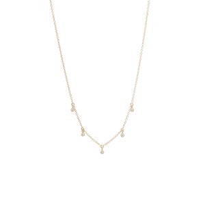 Zoe Chicco gold necklace with 5 dangling diamonds, front view