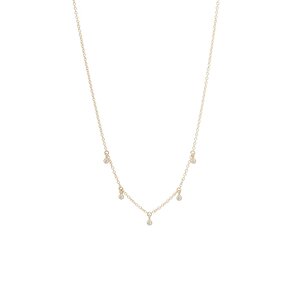 Zoe Chicco gold necklace with 5 dangling diamonds, front view