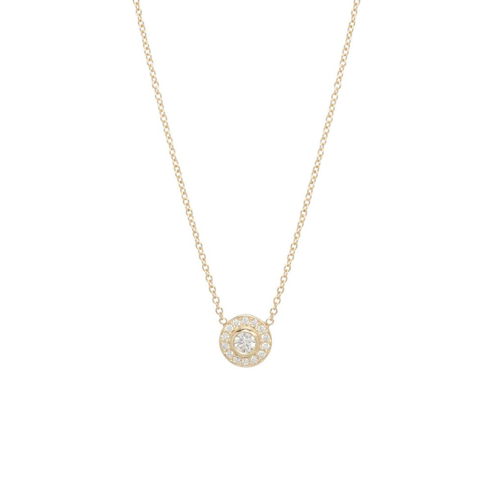 Zoe Chicco gold necklace with round pave diamond pendant, front view