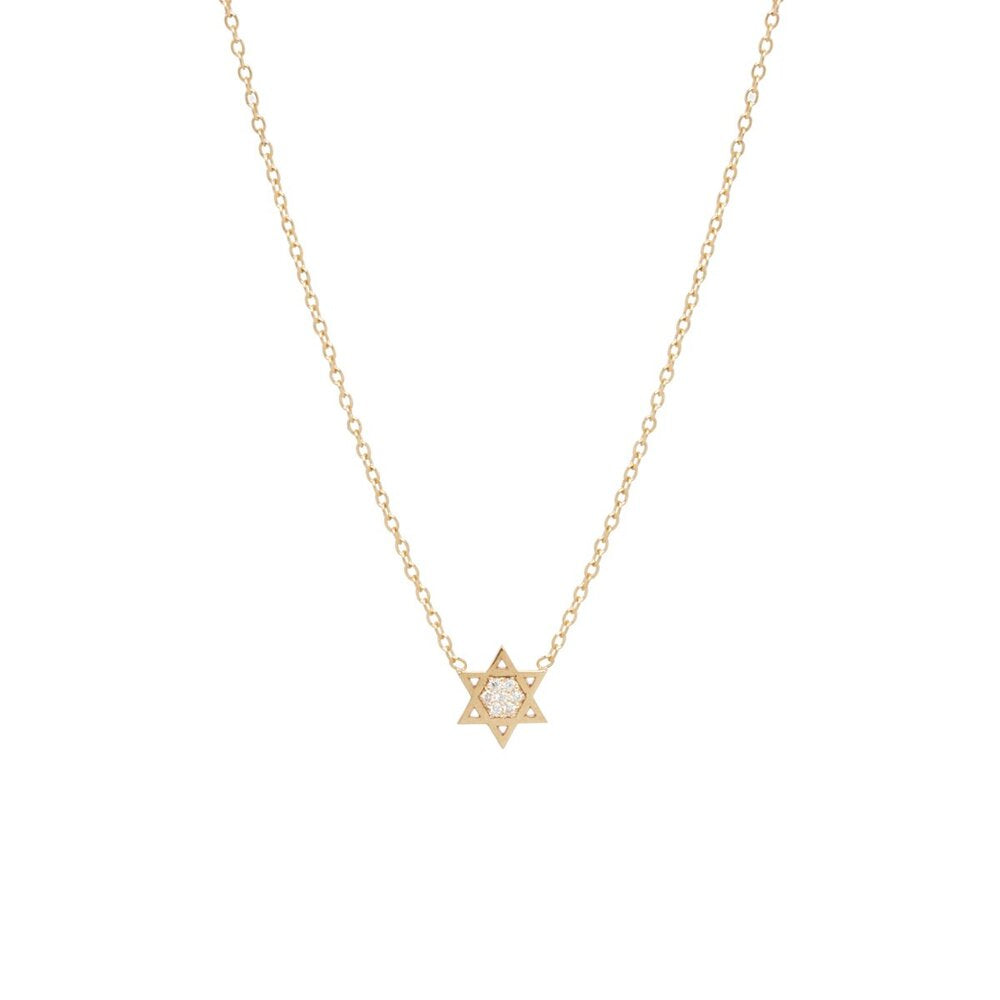 Zoe Chicco gold necklace with diamond star of david charm, front view