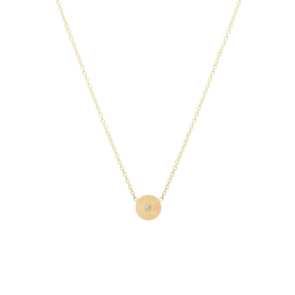 Zoe Chicco gold necklace with gold disc and diamond, front view