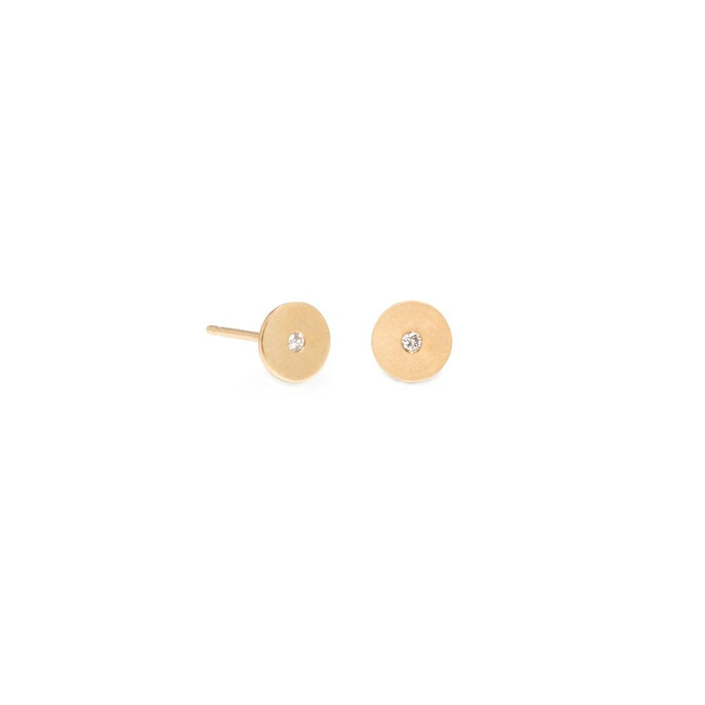 Zoe Chicco gold disc stud earrings with diamonds, front and angled front view