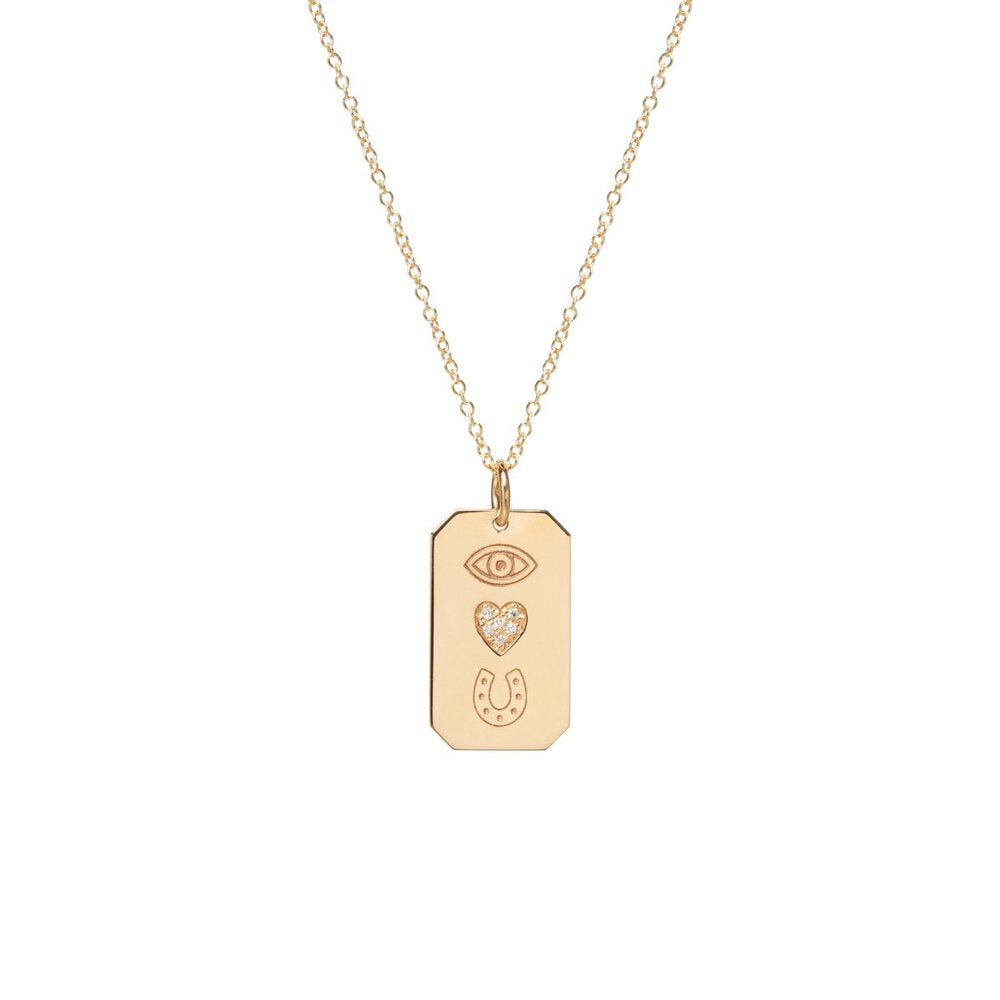 Zoe Chicco gold eye heart u dog tag necklace, front view 