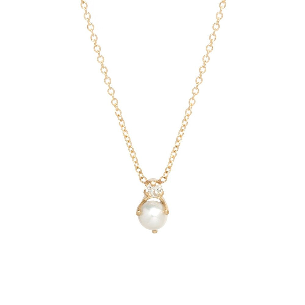 Zoe Chicco gold necklace with pearl and diamond, front view